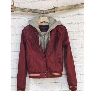 Obey - Varsity Burgundy Hooded Faux LeatherJacket